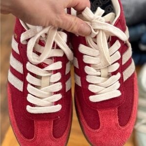 Adidas Red Suede Sneakers with White Stripes